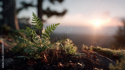 Forest Fern Awakening: A delicate fern unfurls its fronds in the soft morning light, nestled amongst mossy ground cover with the sunbeams breaking through the forest canopy in the background.