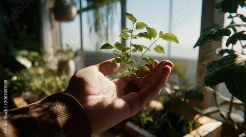 Nurturing Growth: A gentle hand cradles a delicate seedling, symbolizing new life and the care involved in cultivation, bathed in the soft sunlight filtering through a greenhouse window.