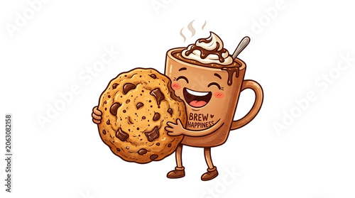 Cute hot chocolate character hugging a chocolate chip cookie, happy cocoa mug illustration, sweet winter beverage and snack cartoon isolated PNG with Transparent Background