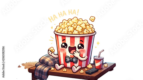 Kawaii popcorn character laughing at movie, cute cartoon snack mascot in red striped bucket, cinema night illustration with soda and remote isolated PNG with Transparent Background
