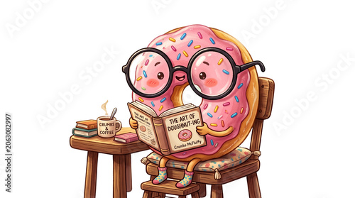 Kawaii pink glazed donut character reading a book, cute anthropomorphic doughnut with glasses, whimsical pastry student studying at a desk isolated PNG with Transparent Background
