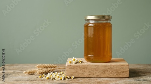 Jar of Honey on Wooden Board Jar Wooden Board Natural Organic Sweet Food Ingredients. Concept featuring jar, wooden board, natural, organic, sweet for professional commercial design.