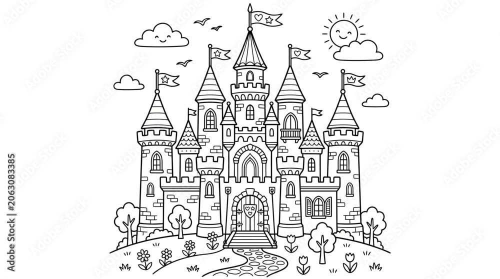 Naklejka premium A majestic castle surrounded by trees and flowers under a sunny sky with clouds and birds flying overhead.