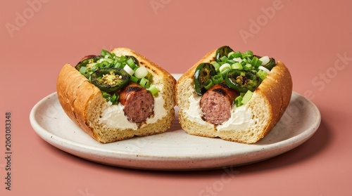 Delicious Sausage Sandwich with Jalapeños Sandwich Jalapeños Green Onions Food Meal Delicious Snack. Concept featuring sandwich, jalapeños, green onions, food, meal for professional commercial design.