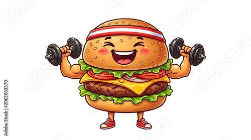 Funny burger mascot lifting dumbbells, muscular cheeseburger character exercising, healthy fast food fitness concept, cute hamburger gym illustration isolated PNG with Transparent Background