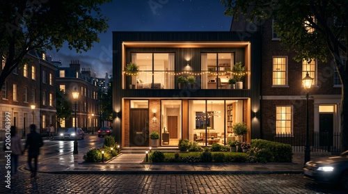Modern residential building, illuminated at dusk, urban architecture, brick exterior