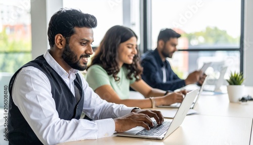 Three young professionals working at laptops in bright modern office with natural light
