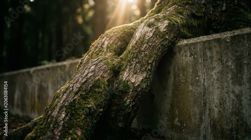 Mossy Tree Roots by Concrete Wall Roots Moss Concrete Nature Sunlight Forest Outdoors. Concept featuring roots, moss, concrete, nature, sunlight for professional commercial design.