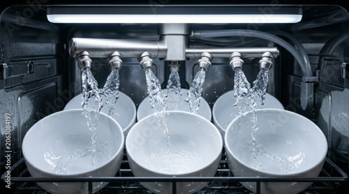 Dishwasher Water Spraying into Bowls