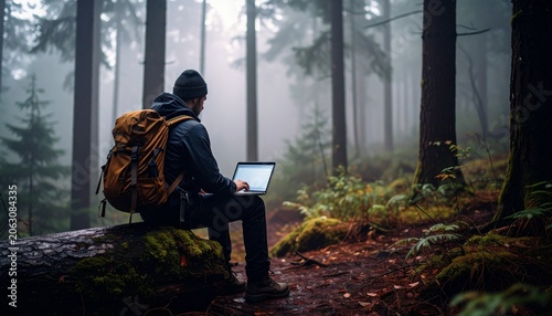 Solo hiker with orange backpack sits on mossy log in misty forest, laptop on lap, surrounded by tall trees