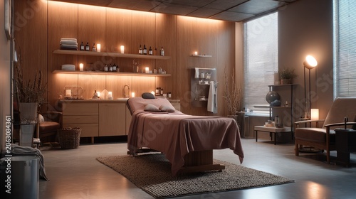 Tranquil Spa Sanctuary: An inviting and serene spa treatment room, featuring a massage table draped in soft fabric, warm ambient lighting, and shelves stocked with aromatic essentials.