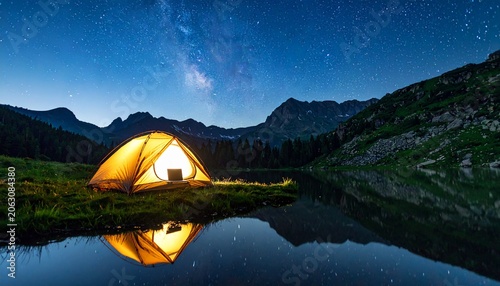 Golden glowing tent pitched at night beside calm mountain lake reflecting stars and peaks above