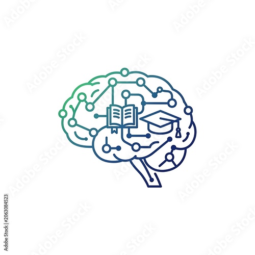 Minimalist line art illustration of human brain with gears concept.