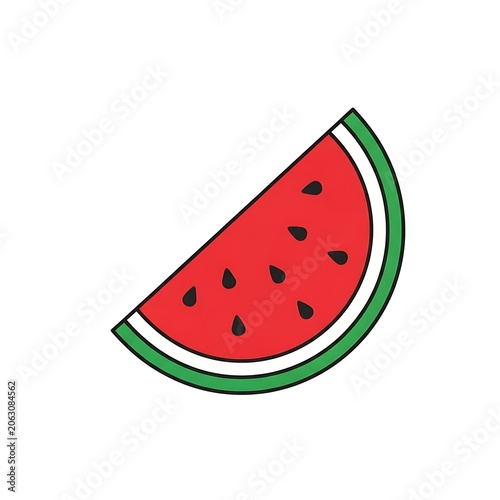 Red strawberry slice with green leafy border on white background.