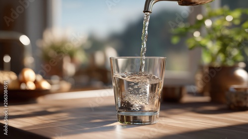 Pouring Refreshment: Crystal-clear water cascades into a simple glass, filling it with refreshing bubbles, set against a warm, sunlit kitchen background, highlighting purity and hydration.