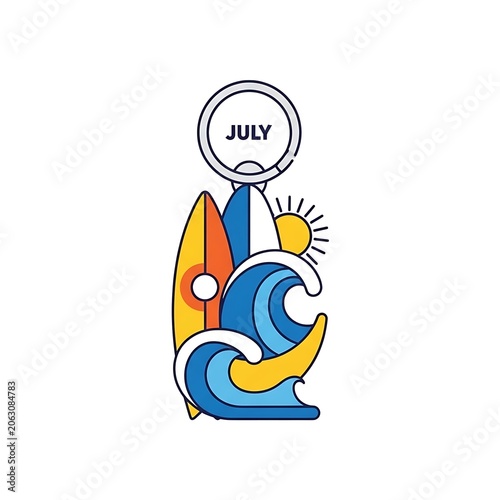 Cartoon illustration of a smiling July calendar person holding a torch.