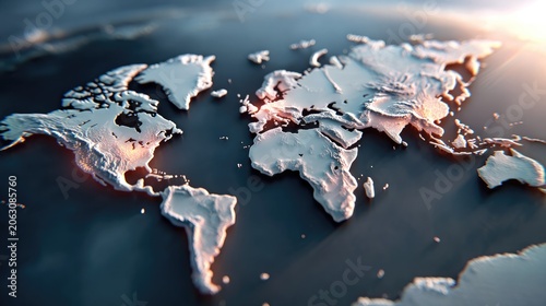 Global Embrace: A striking 3D relief map of the world, with continents emerging from a dark, reflective surface, bathed in the warm, ethereal light of a rising sun.