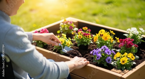 Elderly woman gardening in raised bed.