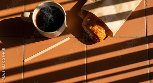Coffee and pastry on a table.