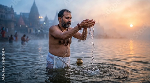 Mahalaya Amavasya, A devotee performing Tarpan ritual in a holy river at dawn, waist-deep in water, cupped hands pouring water back into the river,