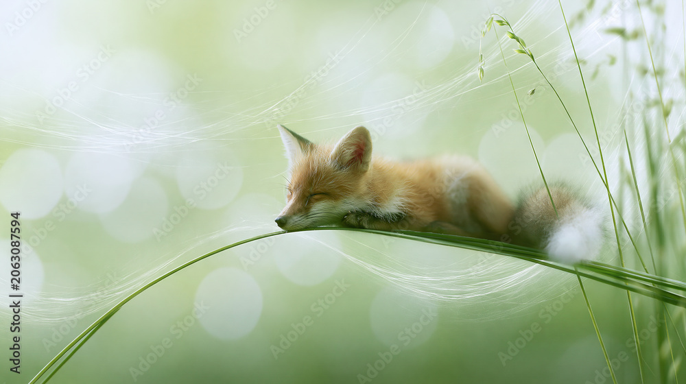 Obraz premium Red Fox Resting on Green Reeds