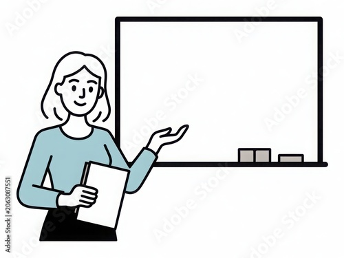 Minimalist female teacher illustration, professional woman presenting at blank whiteboard, educational character holding notebook in classroom setting