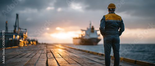 Dockside Sentinel: A lone worker in a hard hat surveys a vast cargo ship docked at a misty harbor during a dramatic sunrise, embodying the spirit of industry and maritime commerce.