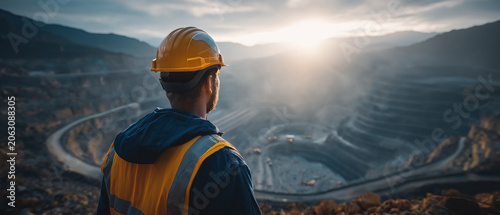 Miner Overseeing Operations: A lone miner in a yellow hard hat and reflective vest gazes out over a vast open-pit mine, the sun setting behind dramatic, layered terrain.