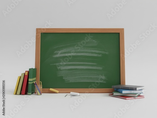 Green chalkboard with wooden frame, school books and chalk on white background, educational classroom equipment for back to school concept