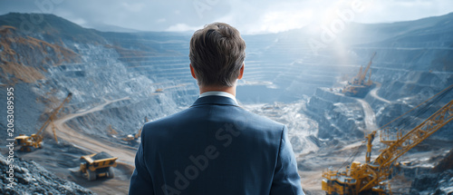 Industrial Visionary: A determined businessman in a sharp suit surveys a vast open-pit mine, with heavy machinery and rugged terrain bathed in the warm light of the sun.