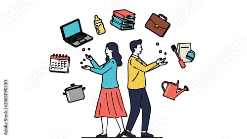 Couple juggling work life and home responsibilities with various objects symbolizing tasks
