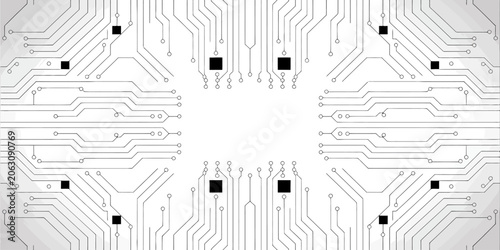 Abstract Circuit Board Pattern with Black Squares and White Lines on a Gradient Background