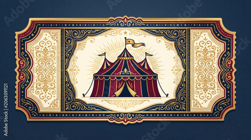 Vintage Circus Ticket Design with Ornate Decorative Borders and Classic Big Top Tent Illustration