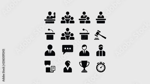 Foto Set of 16 Black Business and Law Vector Icons on White Background