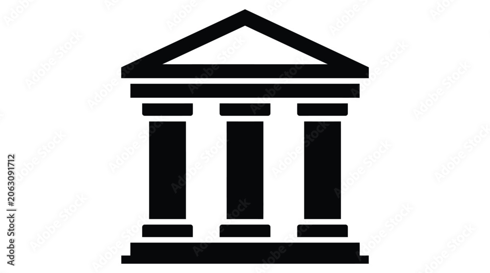 Fototapeta premium Minimalist black and white vector illustration of a classic bank building with three sturdy pillars