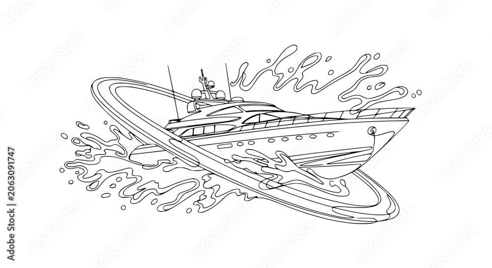 Obraz premium Luxury Yacht Speeding Through Water Splash Line Art Illustration