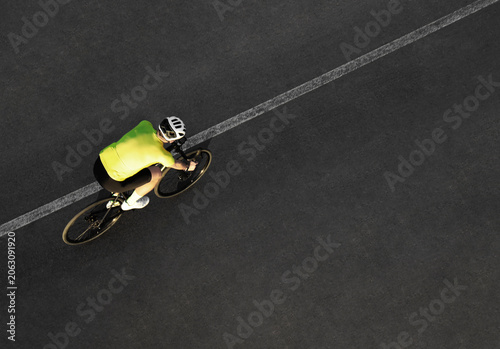 Konstfotografi Aerial top drone high view of sporty male Cyclist with helmet shorts riding cros