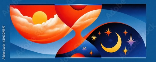 Vibrant stylized hourglass showing day and night with sun, moon and flowing time transition