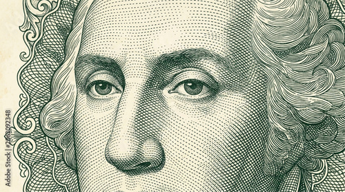 Obraz na plátně Macro close-up of an intricately engraved historical portrait on paper currency,