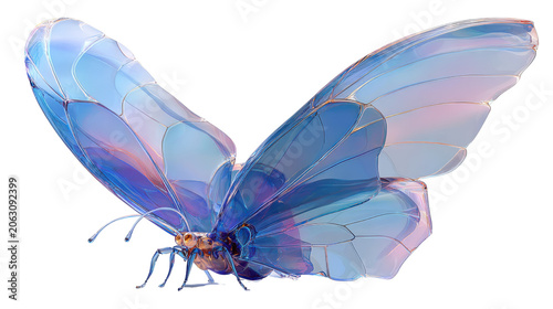 Transparent glass butterfly wings iridescent blue purple fantasy insect sculpture delicate light refraction modern art design digital artwork on white background
