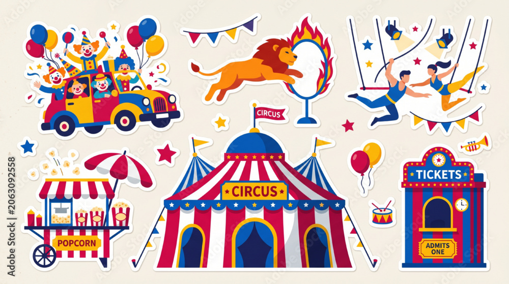 Obraz premium Colorful Circus Performance Collection Featuring Big Top Tent Carnival Rides Performers and Food Stalls Illustration