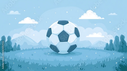 Soccer ball on a grassy field with a scenic mountain landscape