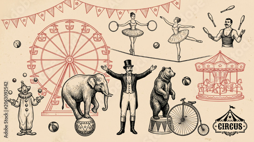 Bild auf Leinwand Whimsical vintage circus elements set, featuring traditional performers, trained