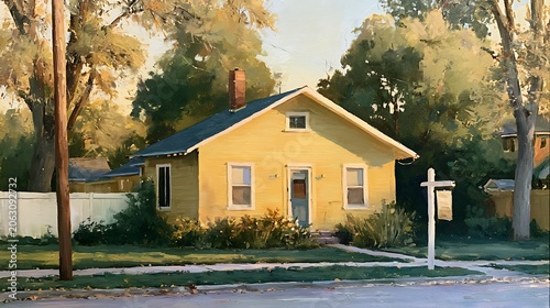 Painting of a small yellow house with trees and a for sale sign at sunset