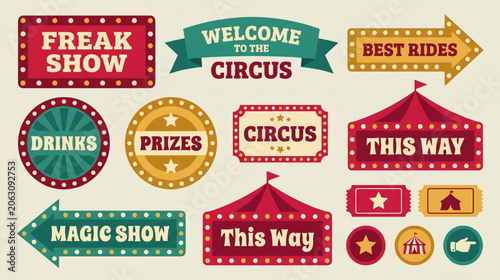 Billede på lærred Vintage Circus and Carnival Signage Set with Retro Marquee Banners, Directional