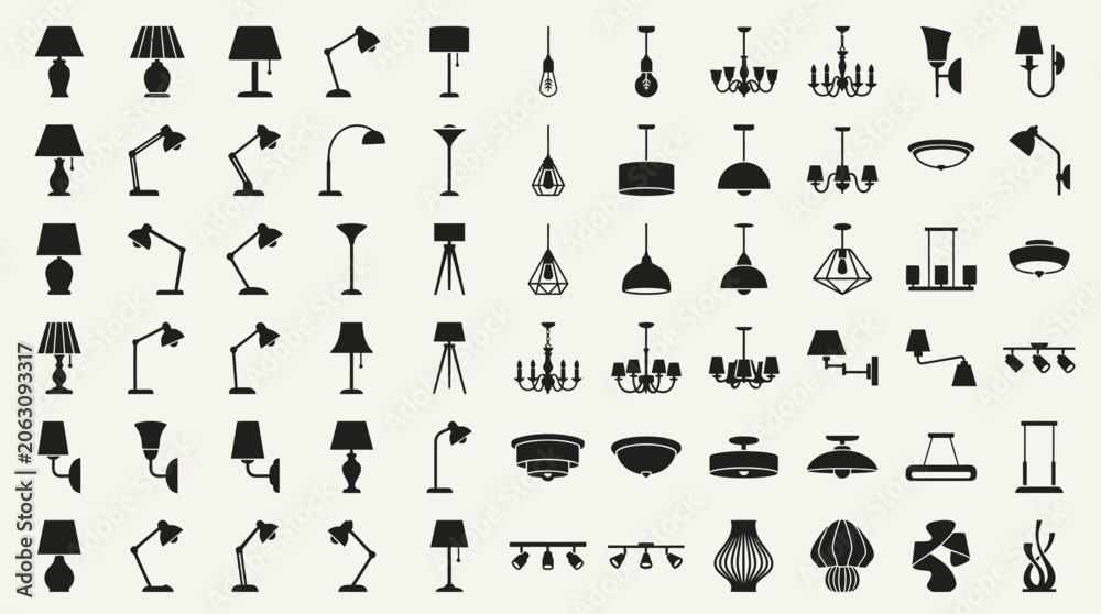 Naklejka premium Large collection of lamp and lighting fixture silhouettes.