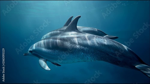 Two Dolphins Swimming Gracefully Underwater in Deep Blue Ocean.