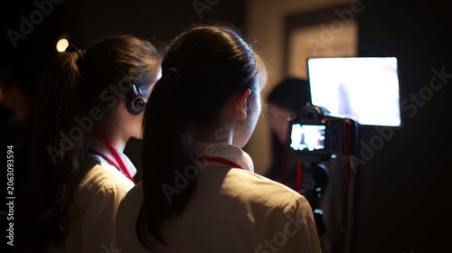 Two Professionals Captured Focused on Camera and Monitor Display