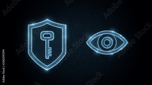 Digital shield with key and eye icons representing security and surveillance