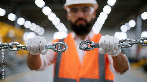 Factory floor worker holds two cleanly separated chain links apart under harsh industrial lighting, supply chain disruption concept, operational breakdown, manufacturing bottleneck, vendor dependenc